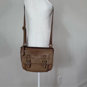 Fossil Vintage 'Long live Tan' Camel Pebbled Leather Fold Out Crossbody Bag